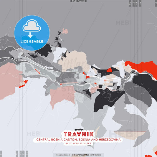 Travnik, Central Bosnia Canton, Bosnia and Herzegovina - modern street map poster template with gray and red tones