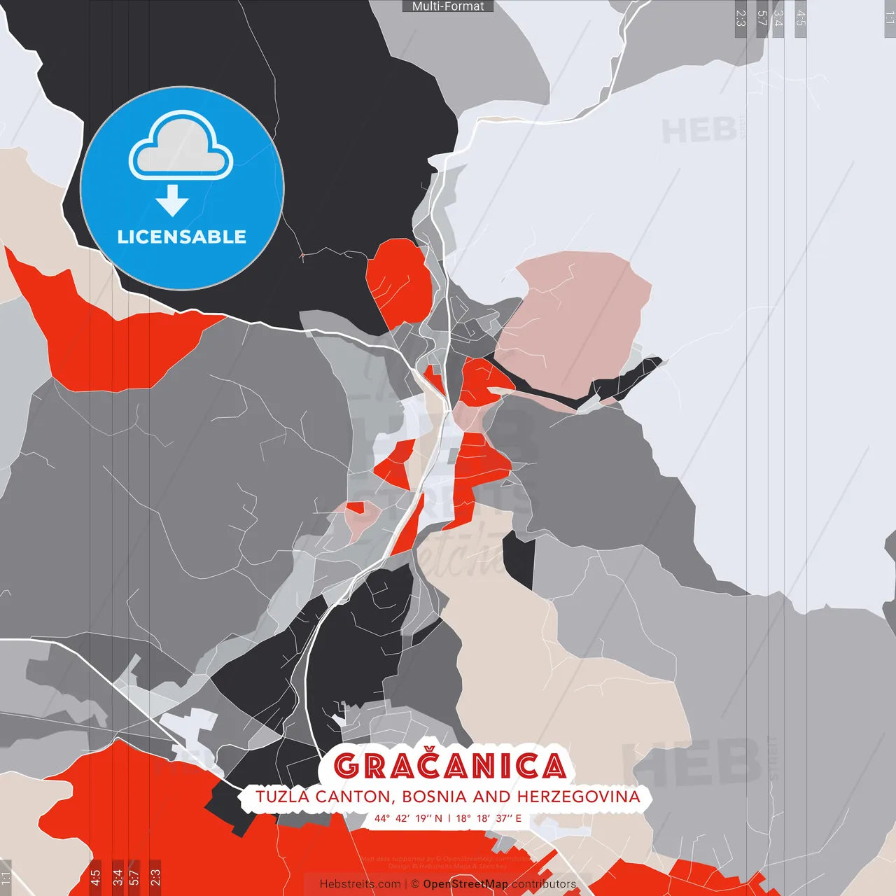 Gračanica, Tuzla Canton, Bosnia and Herzegovina - modern street map poster template with gray and red tones