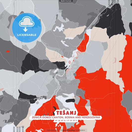 Tešanj, Zenica-Doboj Canton, Bosnia and Herzegovina - modern street map poster template with gray and red tones