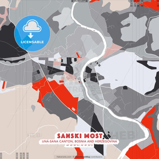 Sanski Most, Una-Sana Canton, Bosnia and Herzegovina - modern street map poster template with gray and red tones