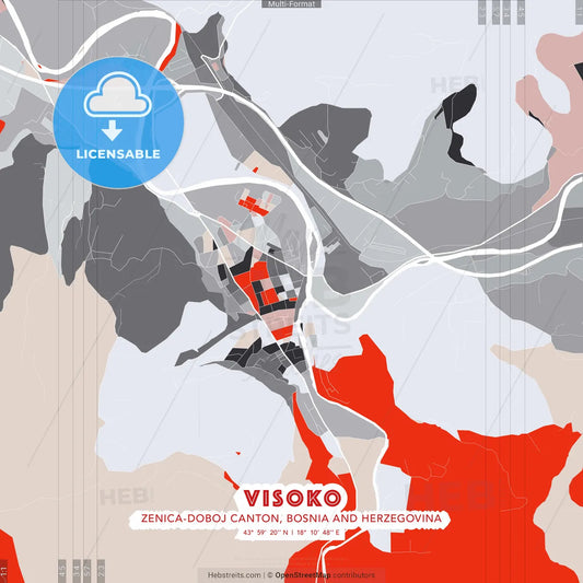 Visoko, Zenica-Doboj Canton, Bosnia and Herzegovina - modern street map poster template with gray and red tones