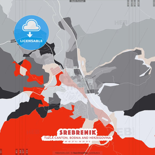 Srebrenik, Tuzla Canton, Bosnia and Herzegovina - modern street map poster template with gray and red tones