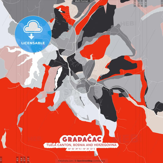 Gradačac, Tuzla Canton, Bosnia and Herzegovina - modern street map poster template with gray and red tones