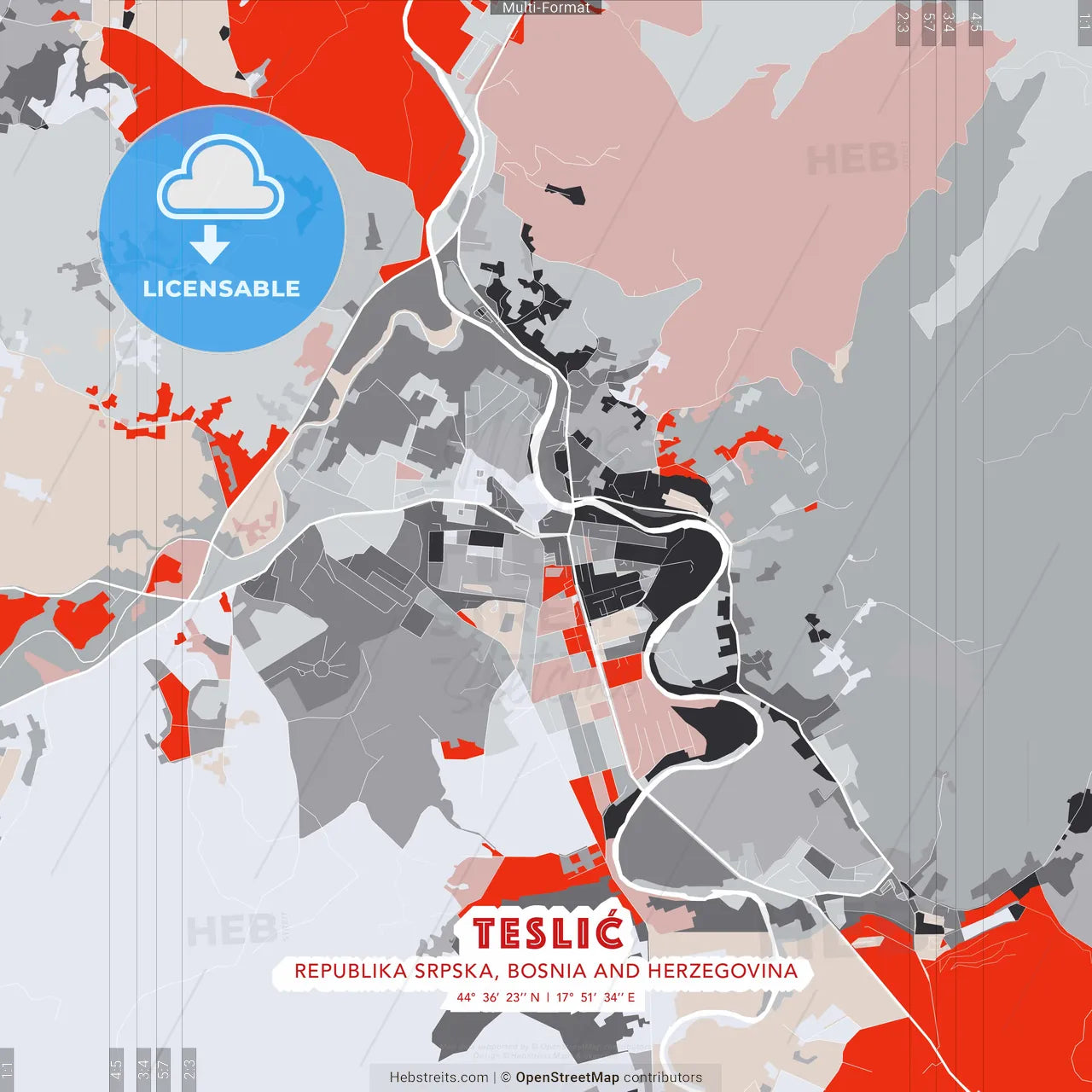 Teslić, Republika Srpska, Bosnia and Herzegovina - modern street map poster template with gray and red tones