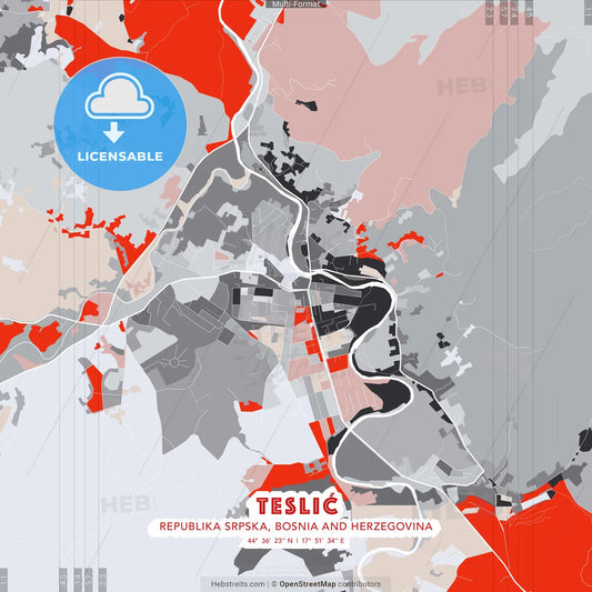 Teslić, Republika Srpska, Bosnia and Herzegovina - modern street map poster template with gray and red tones