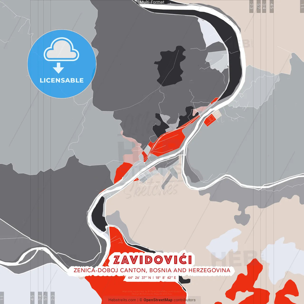 Zavidovići, Zenica-Doboj Canton, Bosnia and Herzegovina - modern street map poster template with gray and red tones