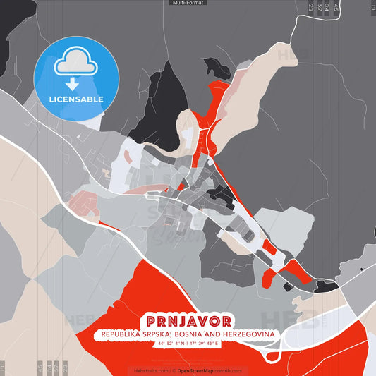 Prnjavor, Republika Srpska, Bosnia and Herzegovina - modern street map poster template with gray and red tones