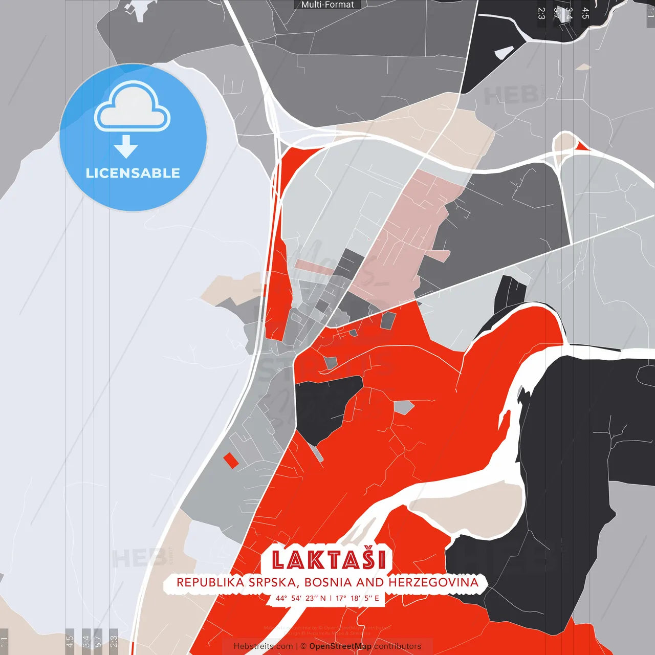 Laktaši, Republika Srpska, Bosnia and Herzegovina - modern street map poster template with gray and red tones