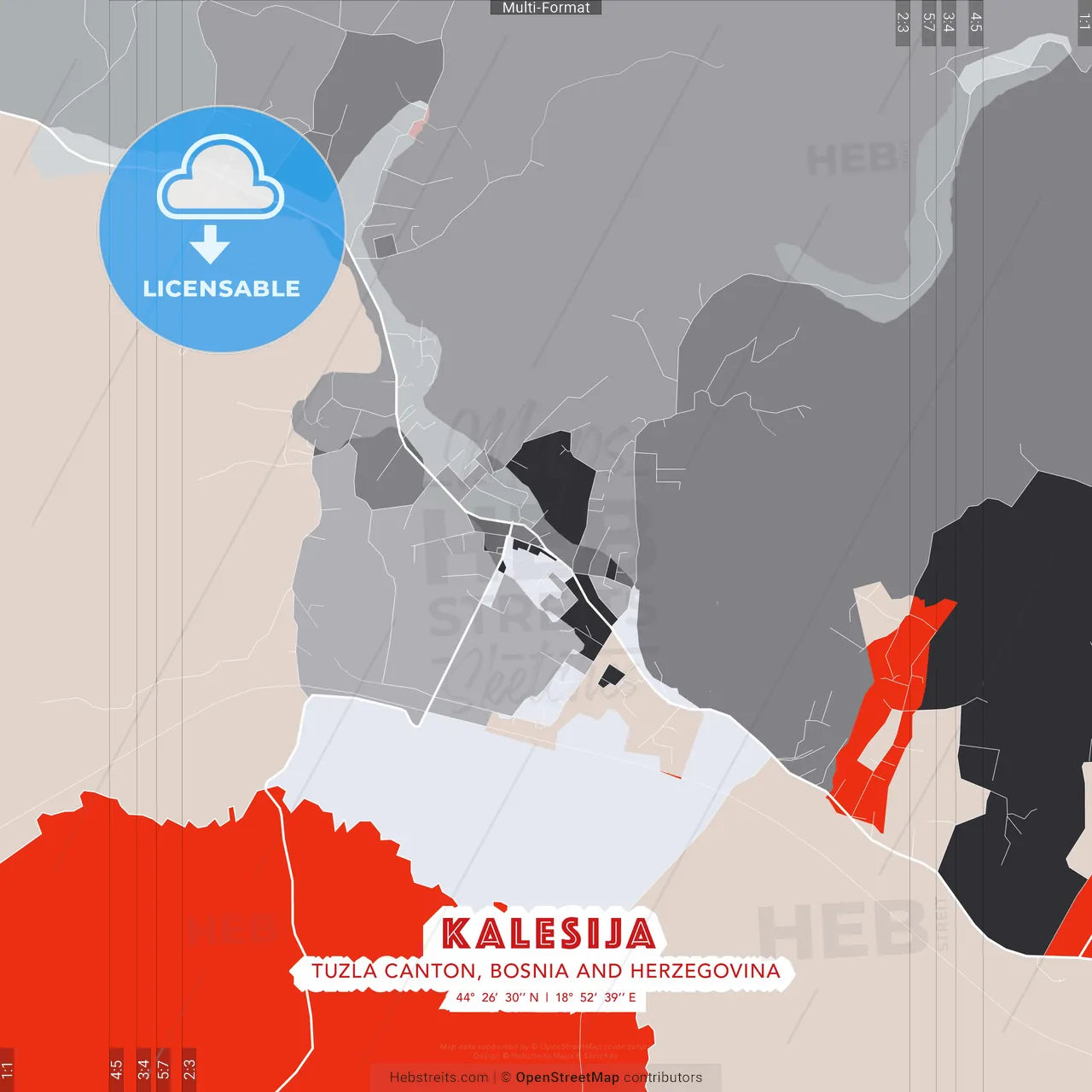 Kalesija, Tuzla Canton, Bosnia and Herzegovina - modern street map poster template with gray and red tones