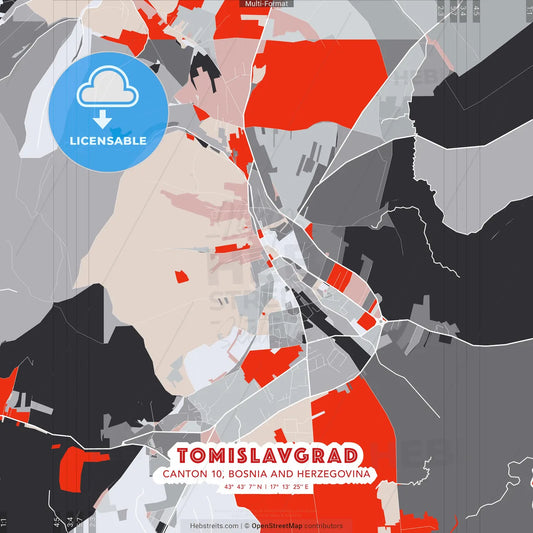 Tomislavgrad, Canton 10, Bosnia and Herzegovina - modern street map poster template with gray and red tones