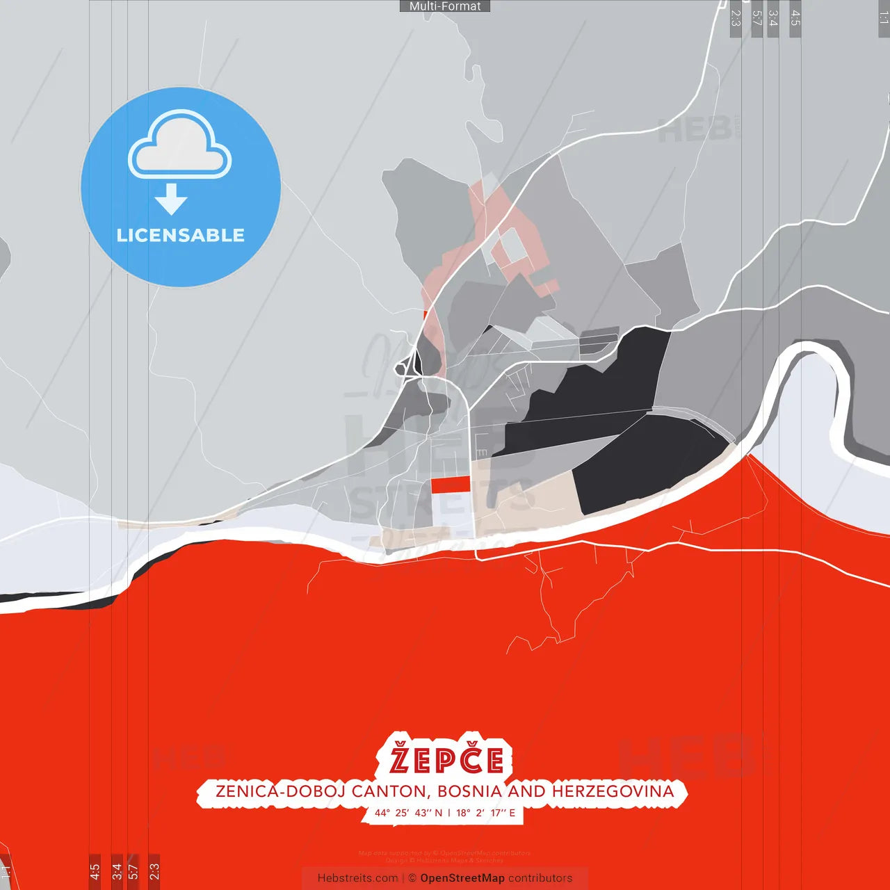 Žepče, Zenica-Doboj Canton, Bosnia and Herzegovina - modern street map poster template with gray and red tones