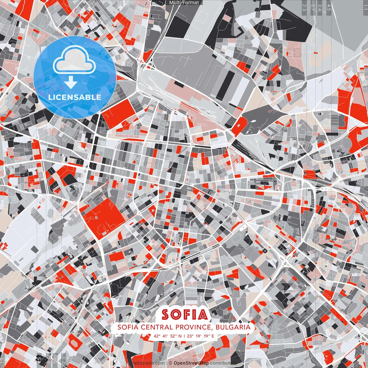 Sofia, Sofia Central Province, Bulgaria - modern street map poster template with gray and red tones