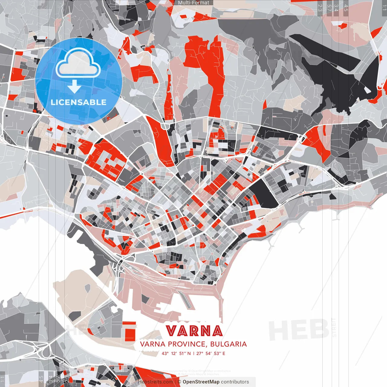 Varna, Varna Province, Bulgaria - modern street map poster template with gray and red tones