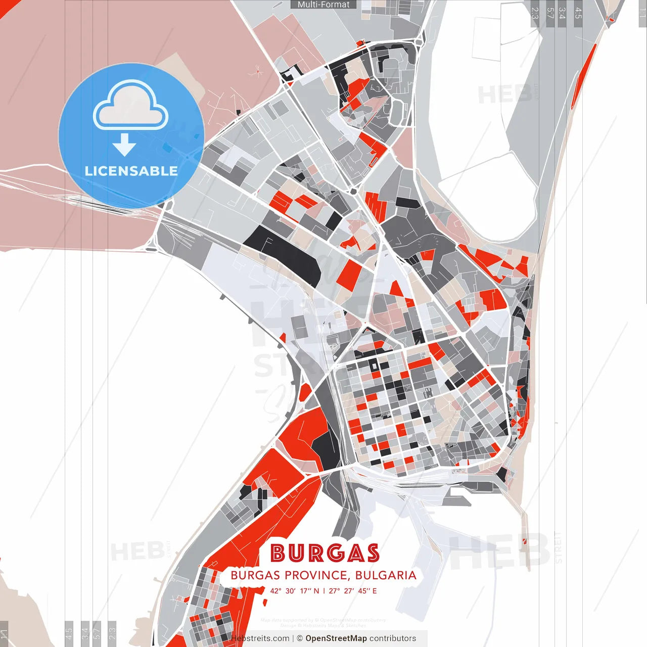 Burgas, Burgas Province, Bulgaria - modern street map poster template with gray and red tones