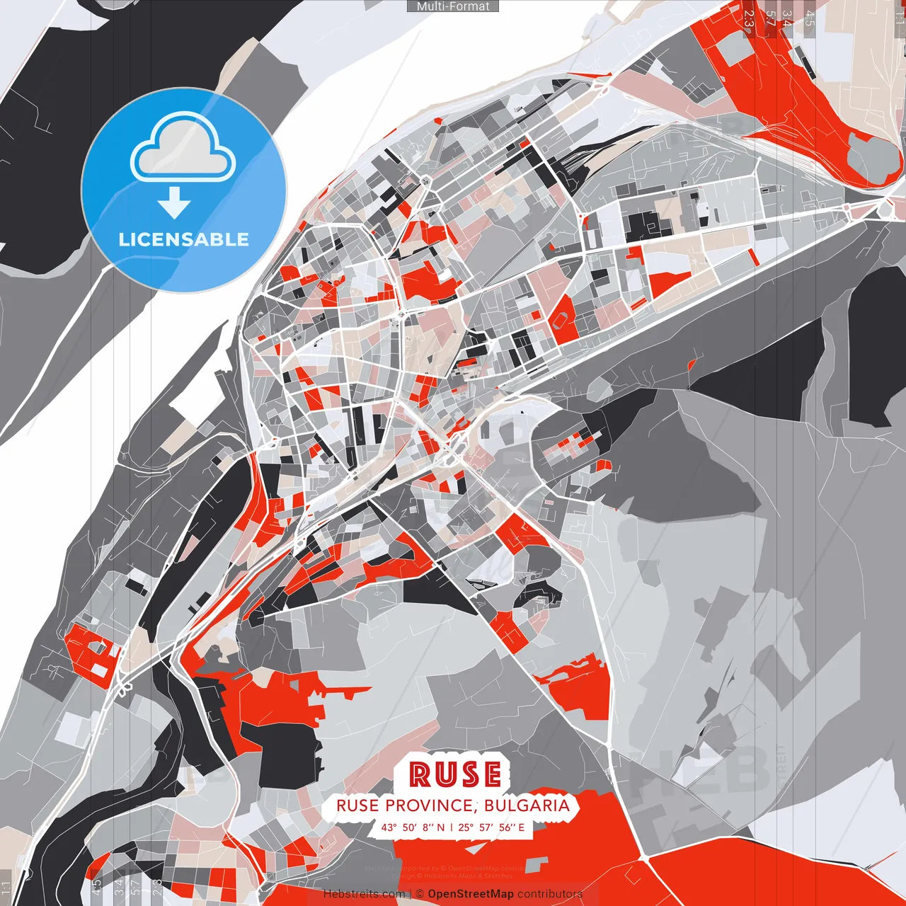 Ruse, Ruse Province, Bulgaria - modern street map poster template with gray and red tones