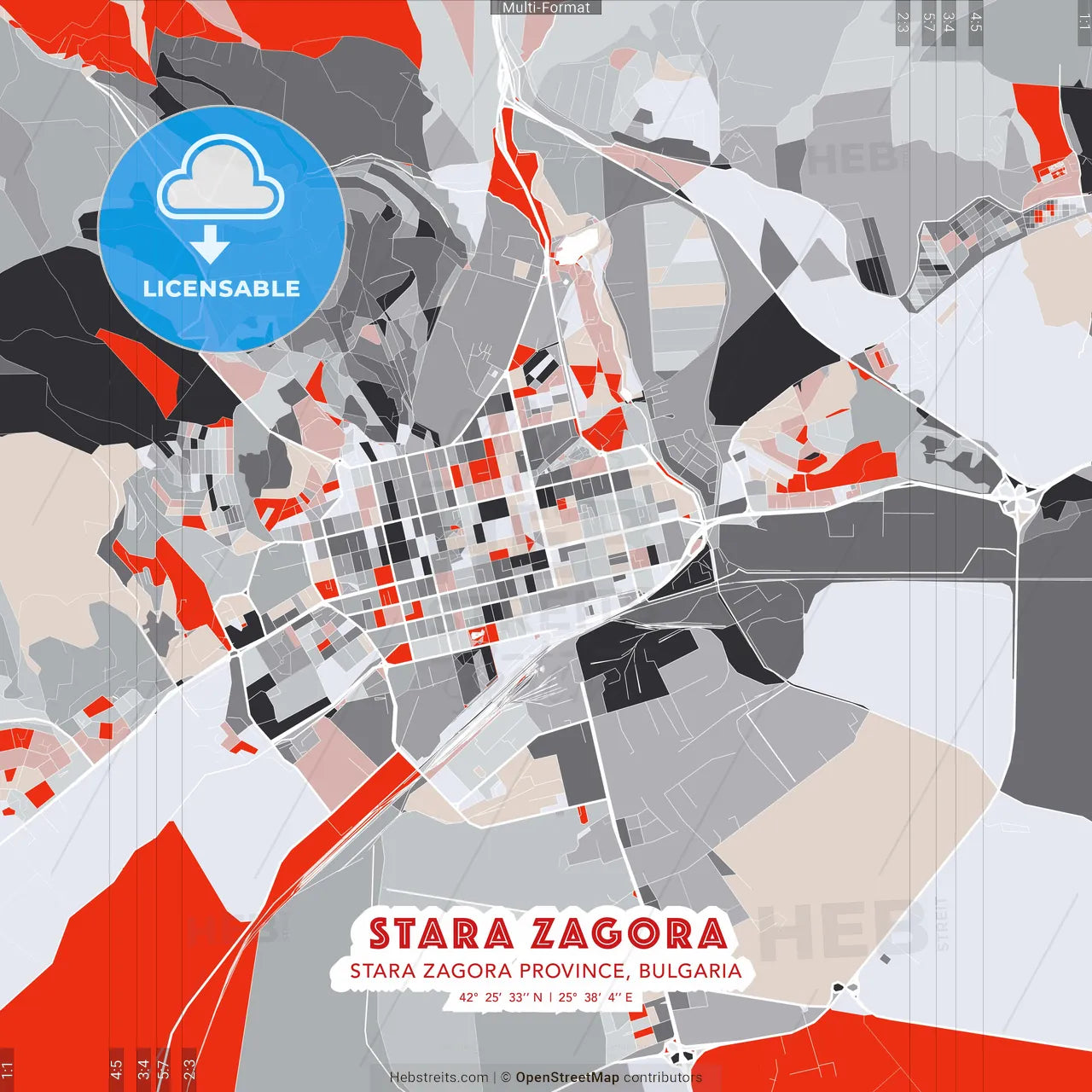 Stara Zagora, Stara Zagora Province, Bulgaria - modern street map poster template with gray and red tones