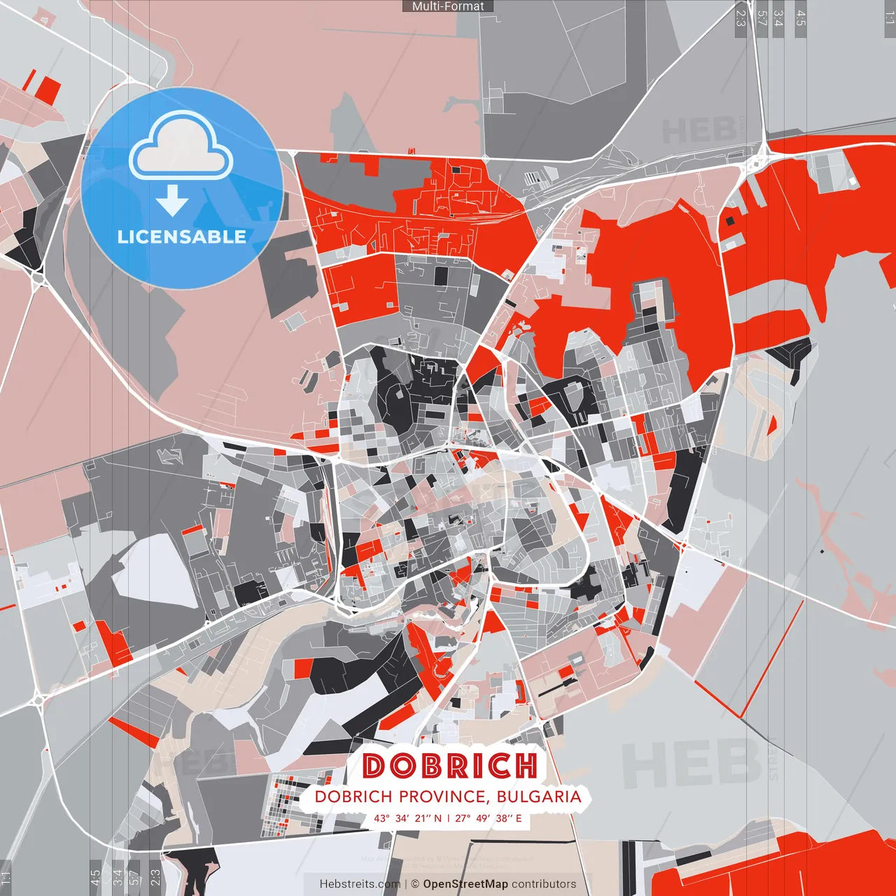 Dobrich, Dobrich Province, Bulgaria - modern street map poster template with gray and red tones