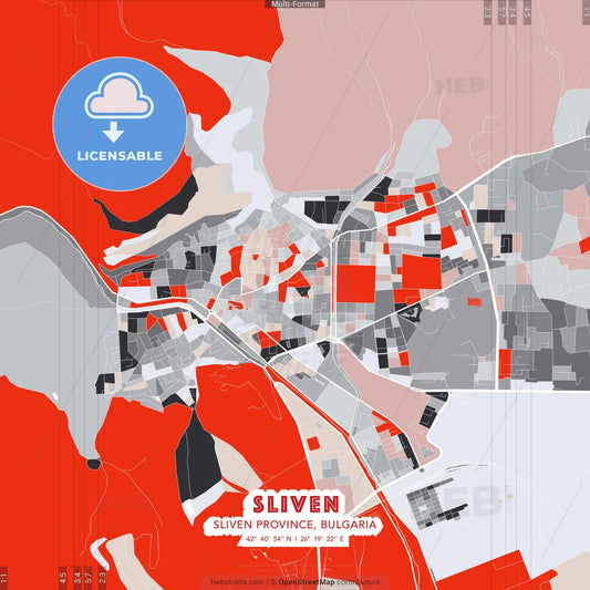 Sliven, Sliven Province, Bulgaria - modern street map poster template with gray and red tones