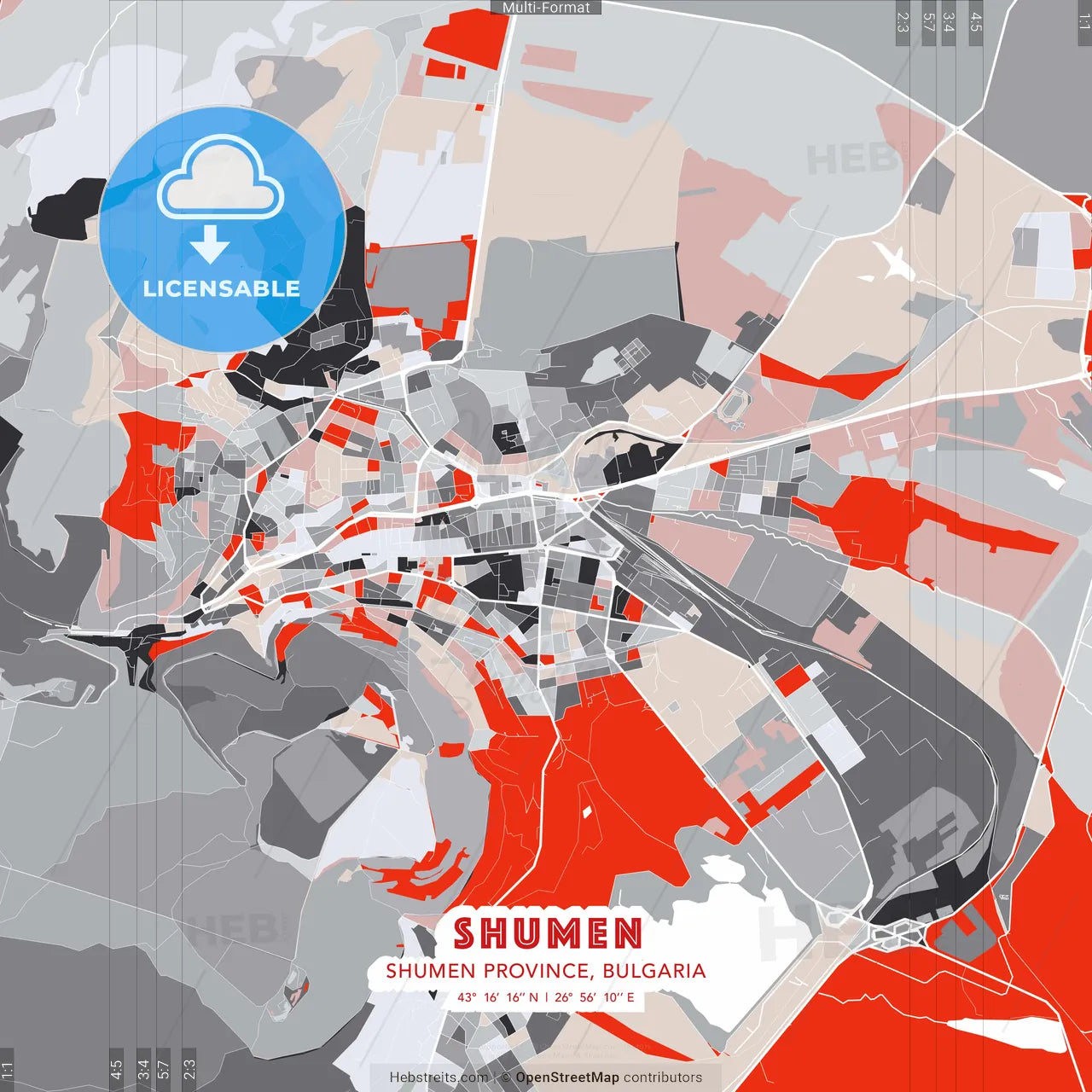 Shumen, Shumen Province, Bulgaria - modern street map poster template with gray and red tones