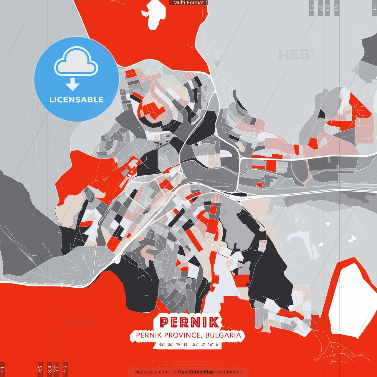 Pernik, Pernik Province, Bulgaria - modern street map poster template with gray and red tones