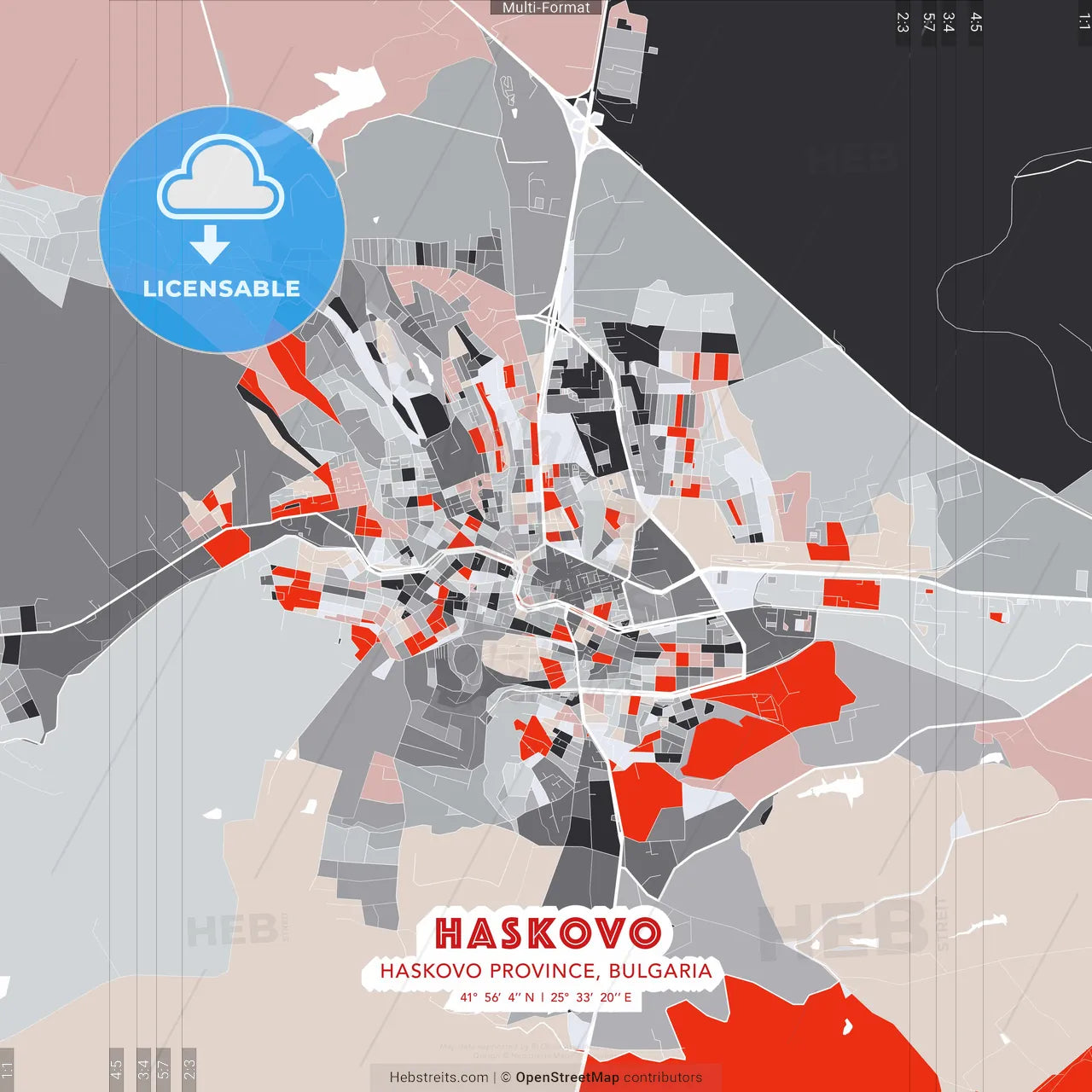 Haskovo, Haskovo Province, Bulgaria - modern street map poster template with gray and red tones