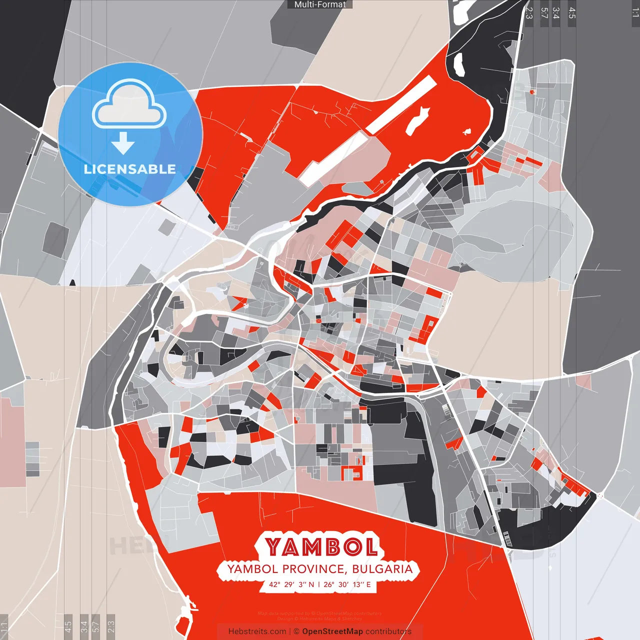 Yambol, Yambol Province, Bulgaria - modern street map poster template with gray and red tones