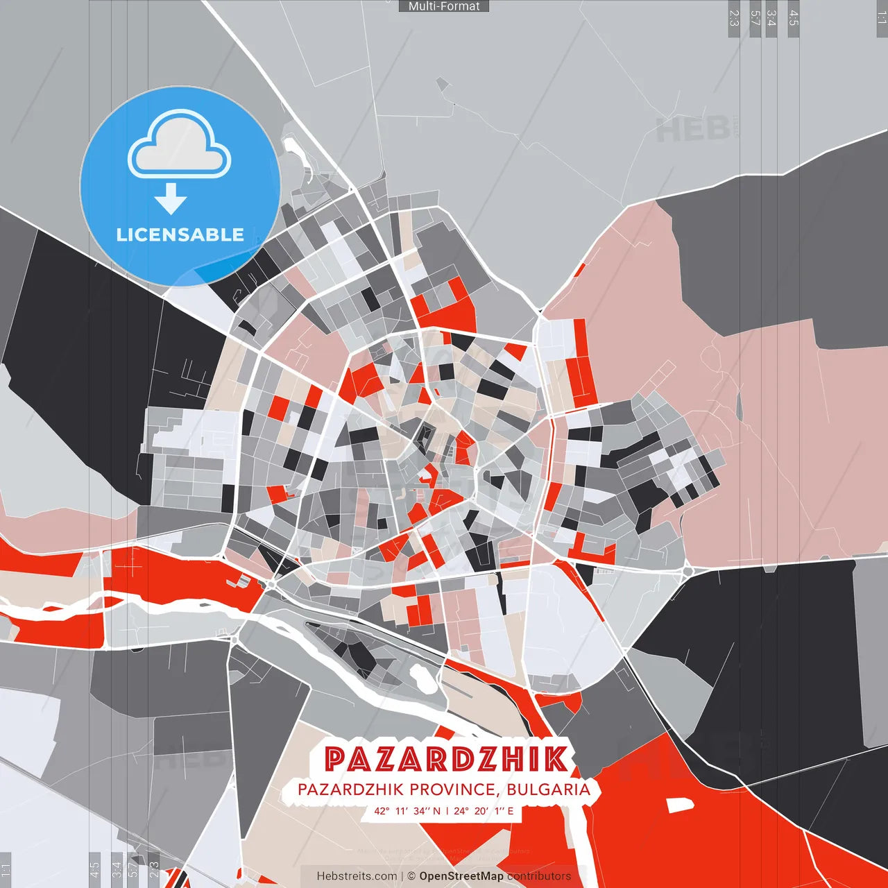 Pazardzhik, Pazardzhik Province, Bulgaria - modern street map poster template with gray and red tones