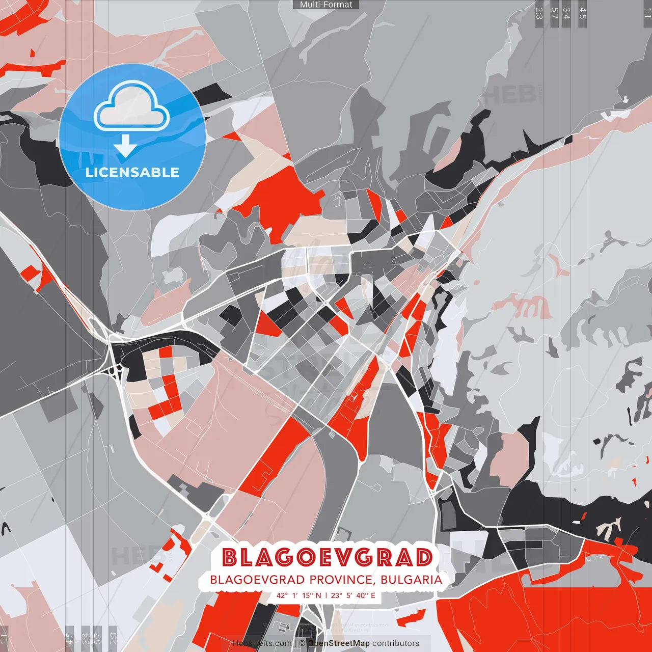 Blagoevgrad, Blagoevgrad Province, Bulgaria - modern street map poster template with gray and red tones