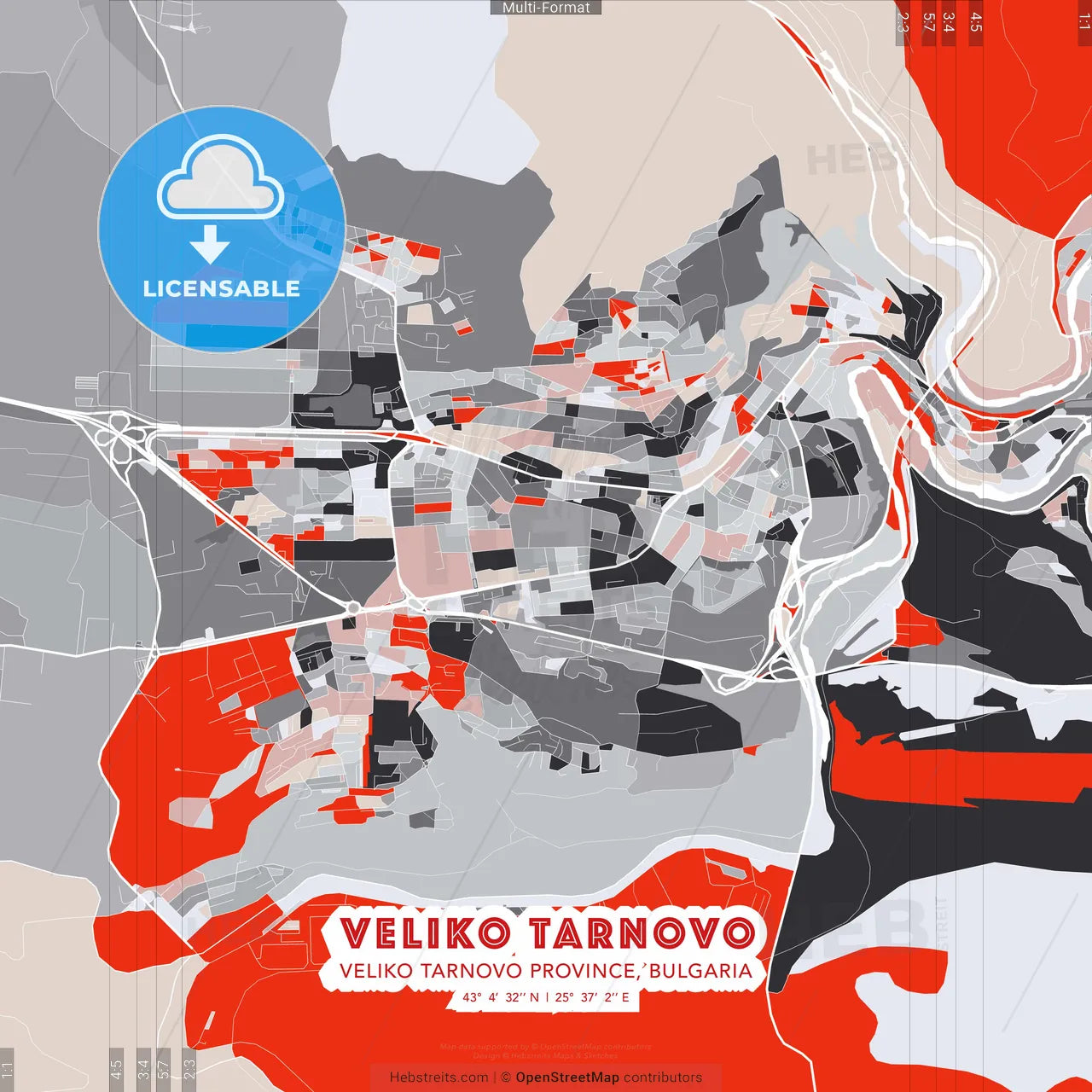 Veliko Tarnovo, Veliko Tarnovo Province, Bulgaria - modern street map poster template with gray and red tones