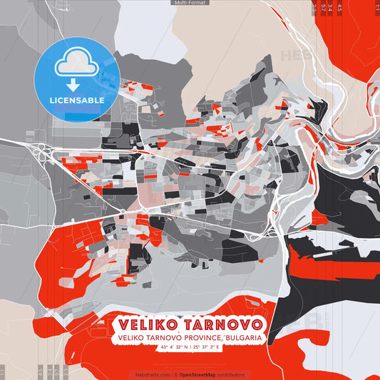 Veliko Tarnovo, Veliko Tarnovo Province, Bulgaria - modern street map poster template with gray and red tones