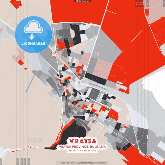 Vratsa, Vratsa Province, Bulgaria - modern street map poster template with gray and red tones