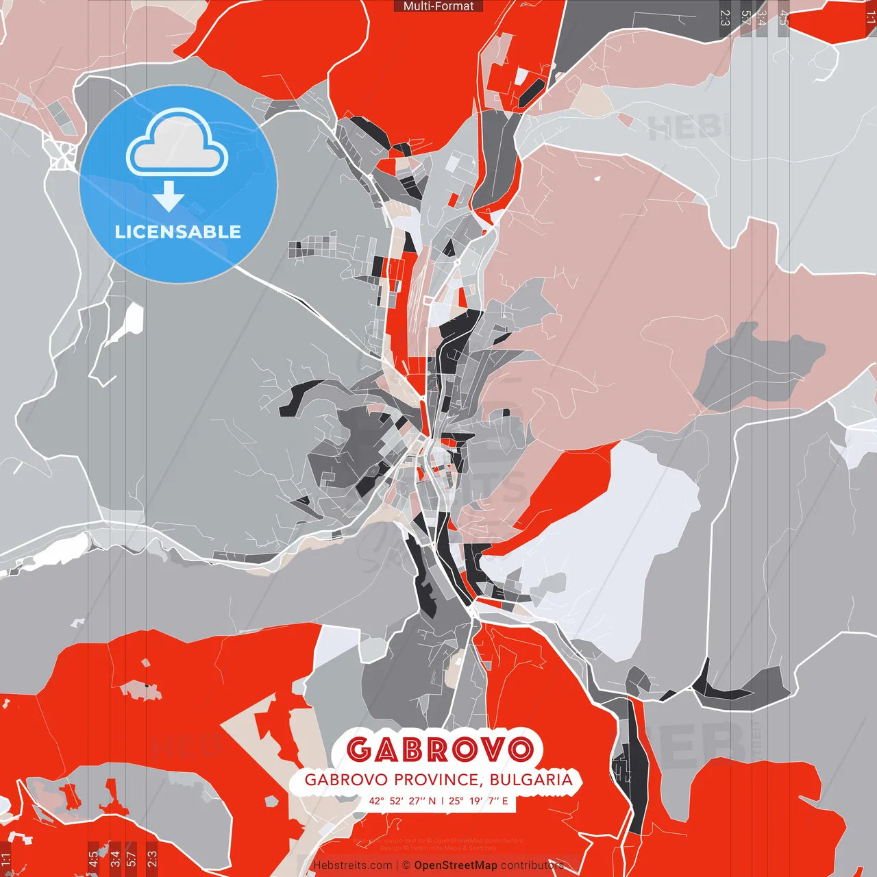 Gabrovo, Gabrovo Province, Bulgaria - modern street map poster template with gray and red tones