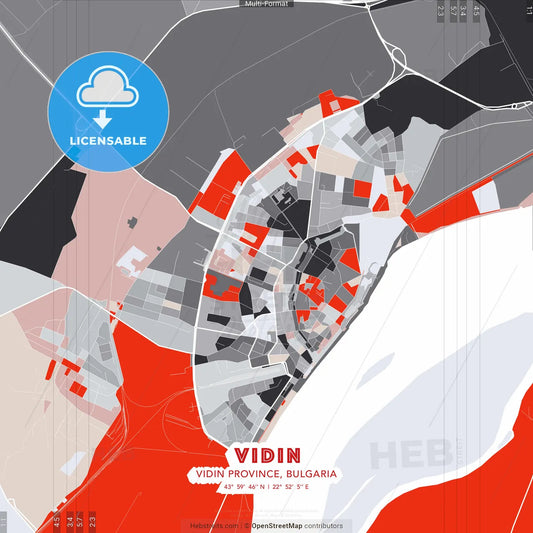 Vidin, Vidin Province, Bulgaria - modern street map poster template with gray and red tones