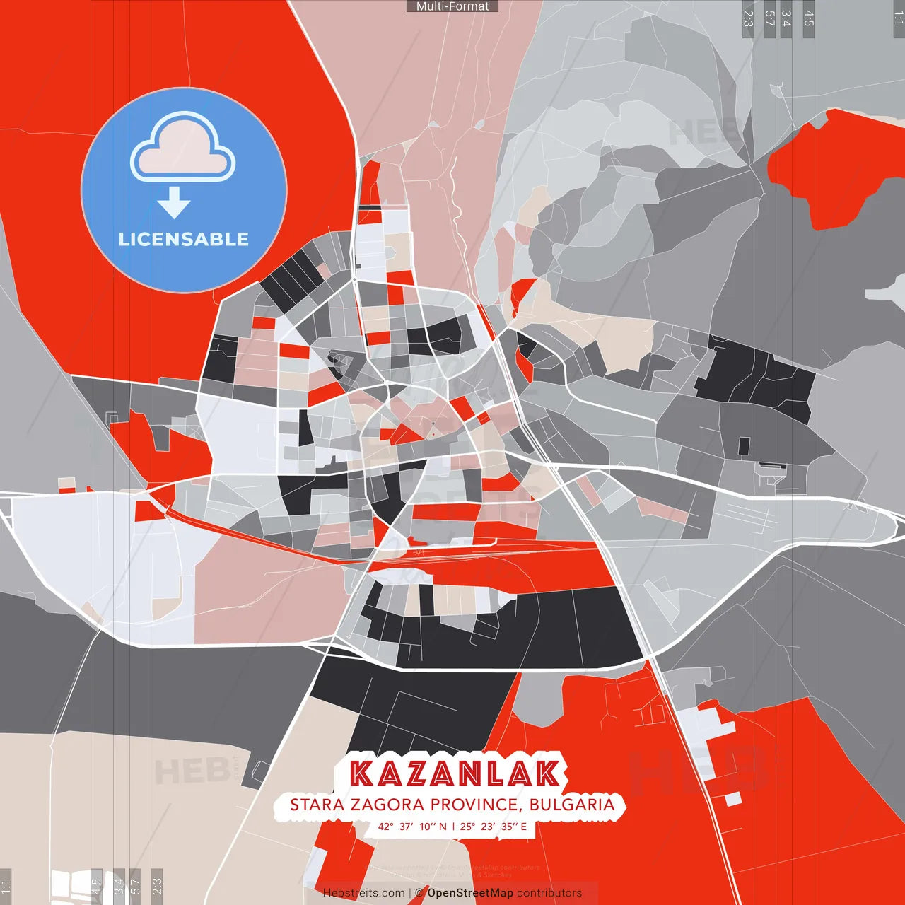 Kazanlak, Stara Zagora Province, Bulgaria - modern street map poster template with gray and red tones