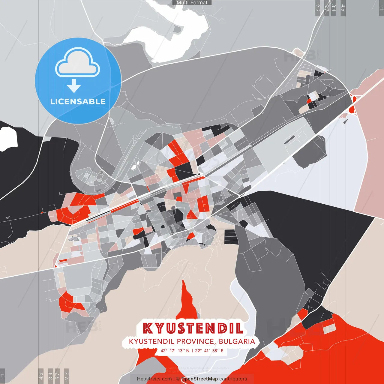 Kyustendil, Kyustendil Province, Bulgaria - modern street map poster template with gray and red tones