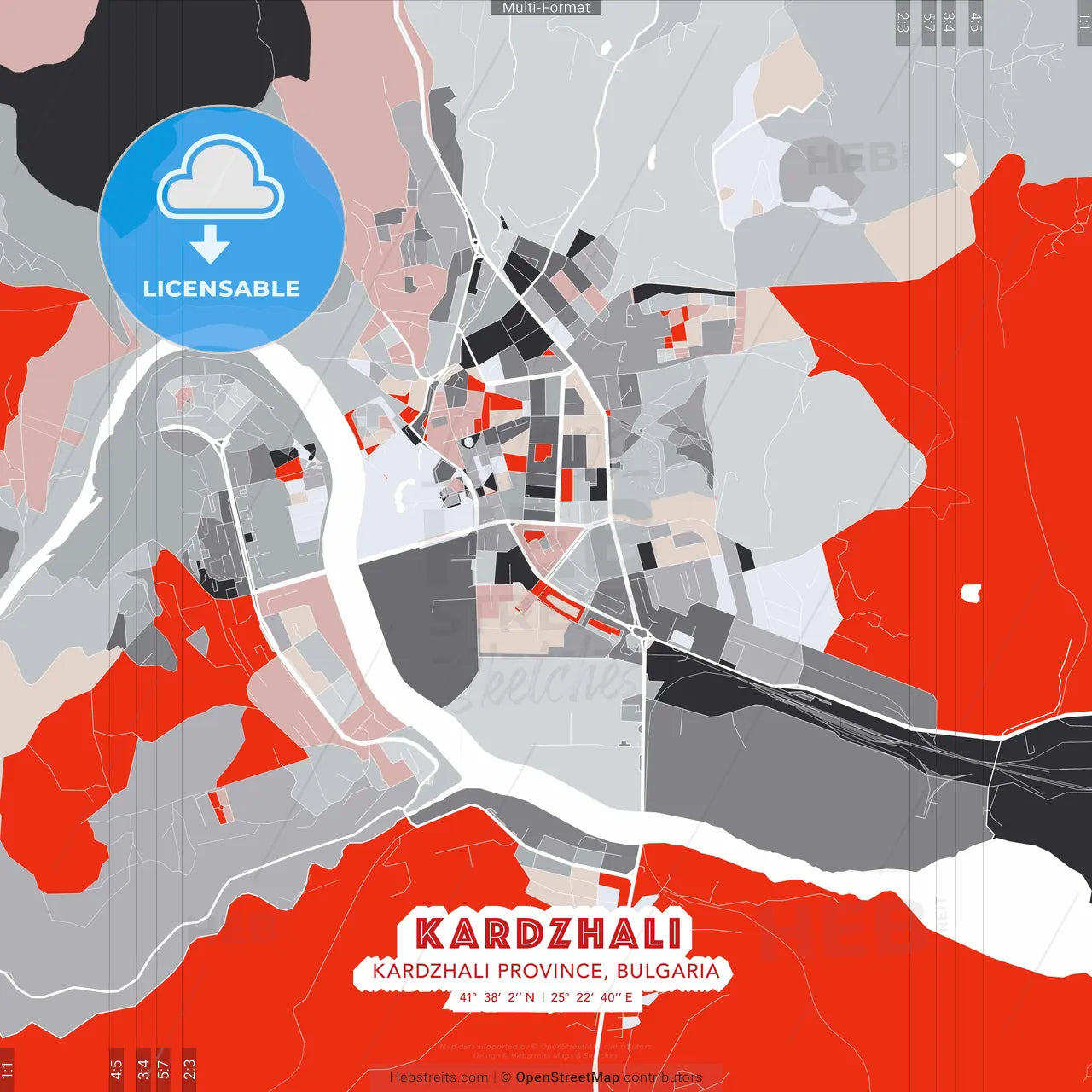Kardzhali, Kardzhali Province, Bulgaria - modern street map poster template with gray and red tones