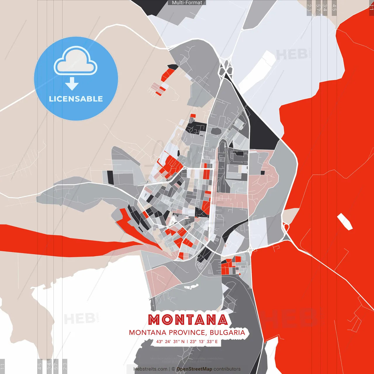 Montana, Montana Province, Bulgaria - modern street map poster template with gray and red tones