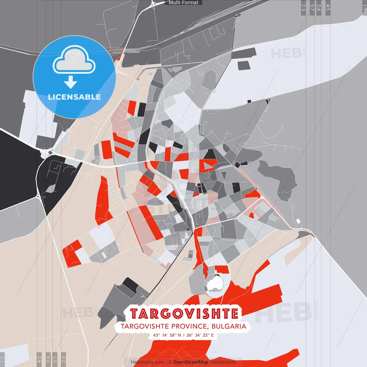 Targovishte, Targovishte Province, Bulgaria - modern street map poster template with gray and red tones