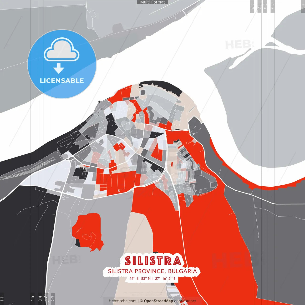 Silistra, Silistra Province, Bulgaria - modern street map poster template with gray and red tones