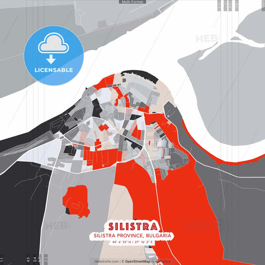 Silistra, Silistra Province, Bulgaria - modern street map poster template with gray and red tones