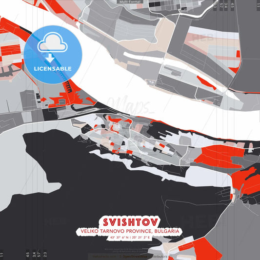 Svishtov, Veliko Tarnovo Province, Bulgaria - modern street map poster template with gray and red tones
