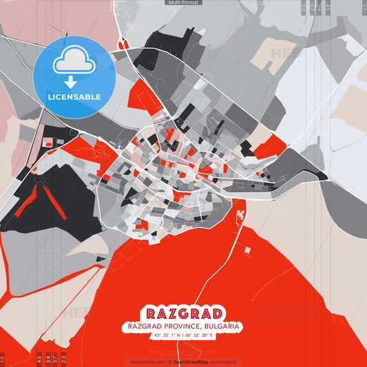 Razgrad, Razgrad Province, Bulgaria - modern street map poster template with gray and red tones