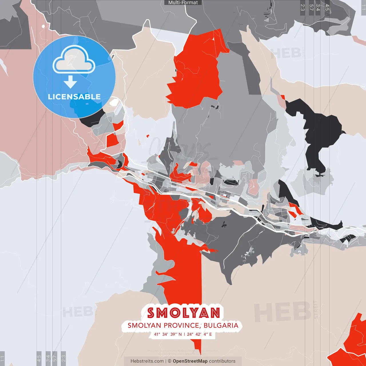 Smolyan, Smolyan Province, Bulgaria - modern street map poster template with gray and red tones