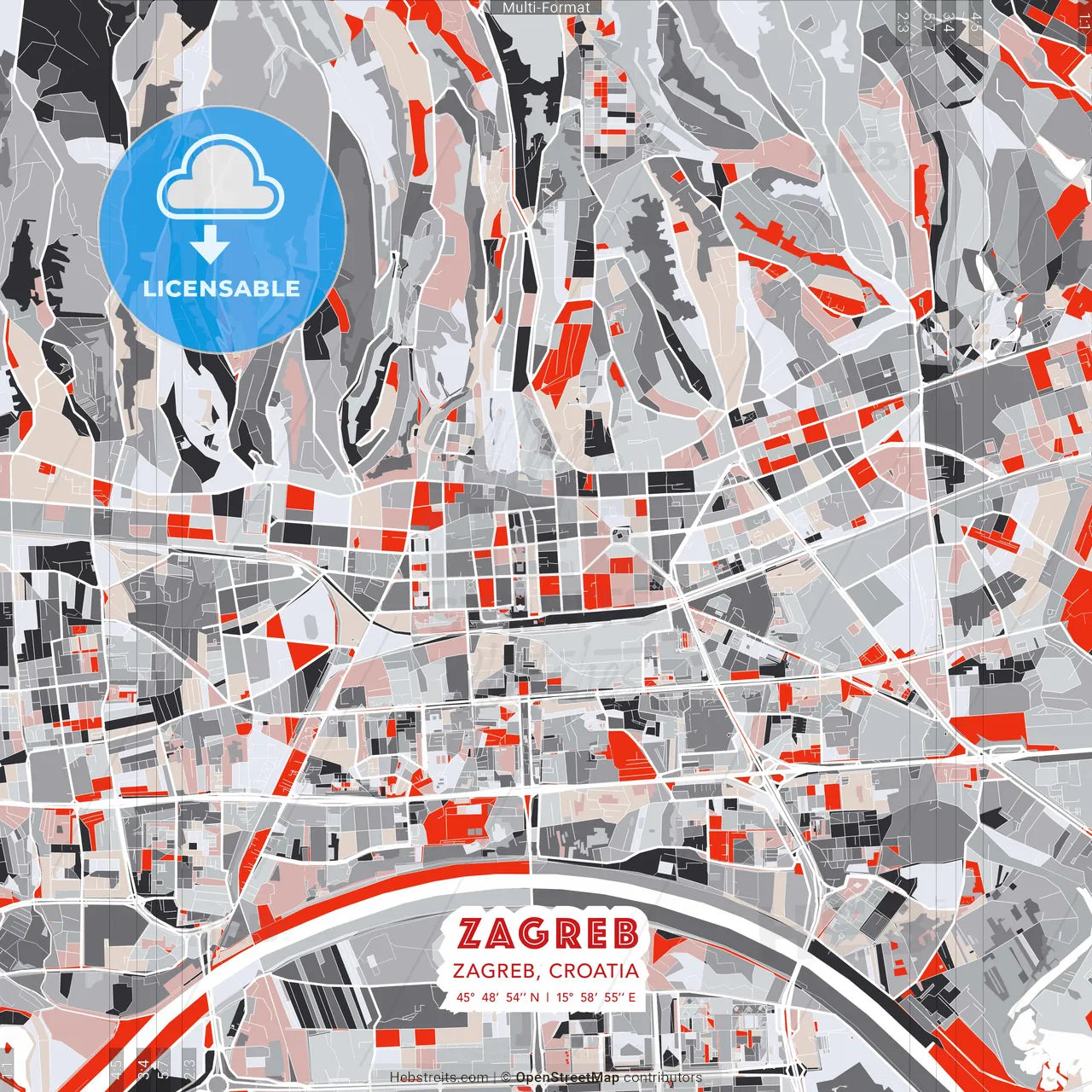 Zagreb, Zagreb, Croatia - modern street map poster template with gray and red tones