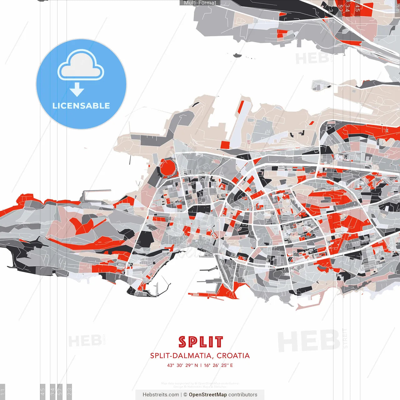 Split, Split-Dalmatia, Croatia - modern street map poster template with gray and red tones