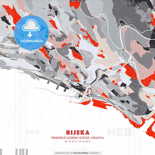 Rijeka, Primorje-Gorski Kotar, Croatia - modern street map poster template with gray and red tones