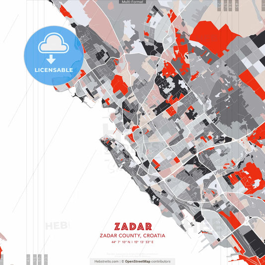 Zadar, Zadar County, Croatia - modern street map poster template with gray and red tones