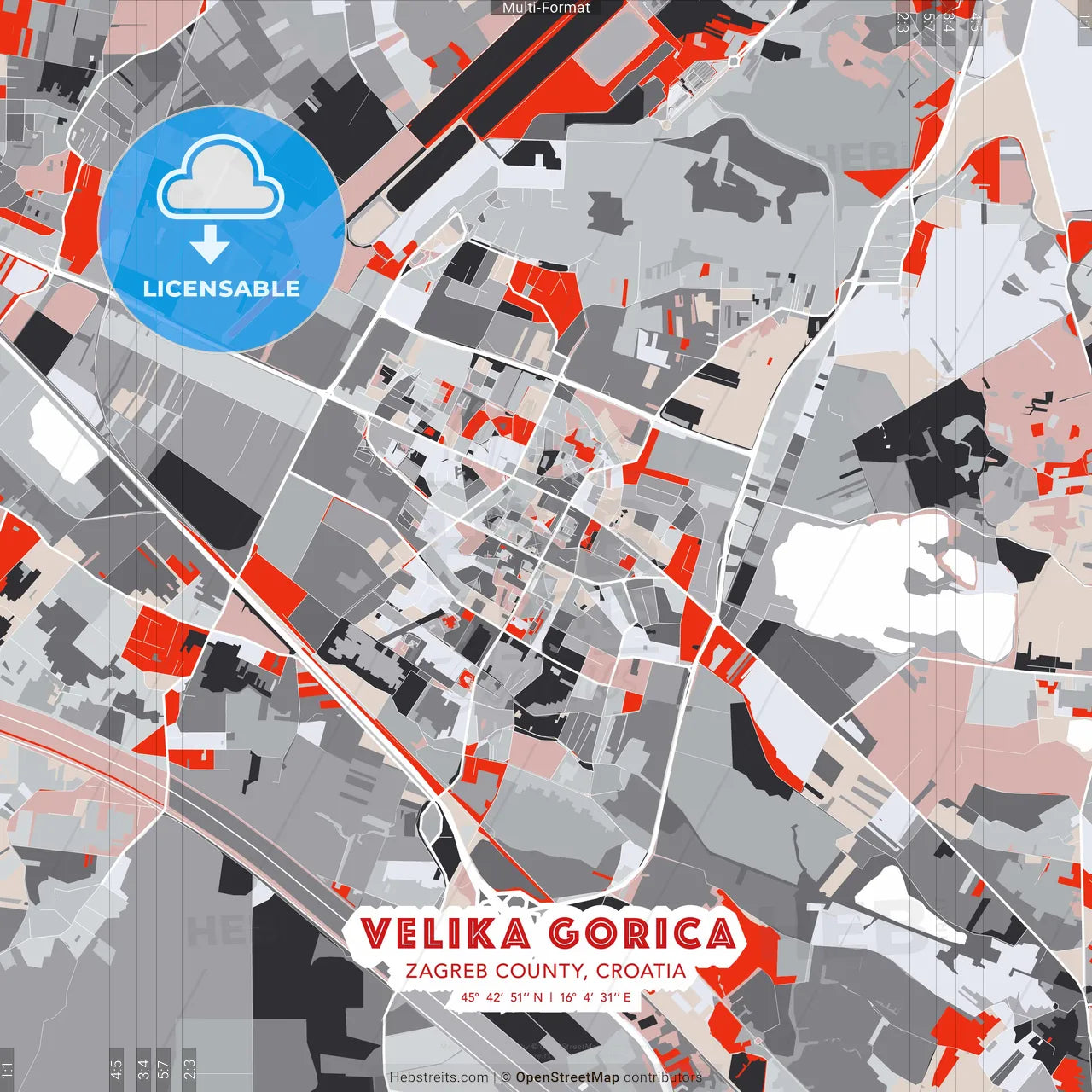 Velika Gorica, Zagreb County, Croatia - modern street map poster template with gray and red tones