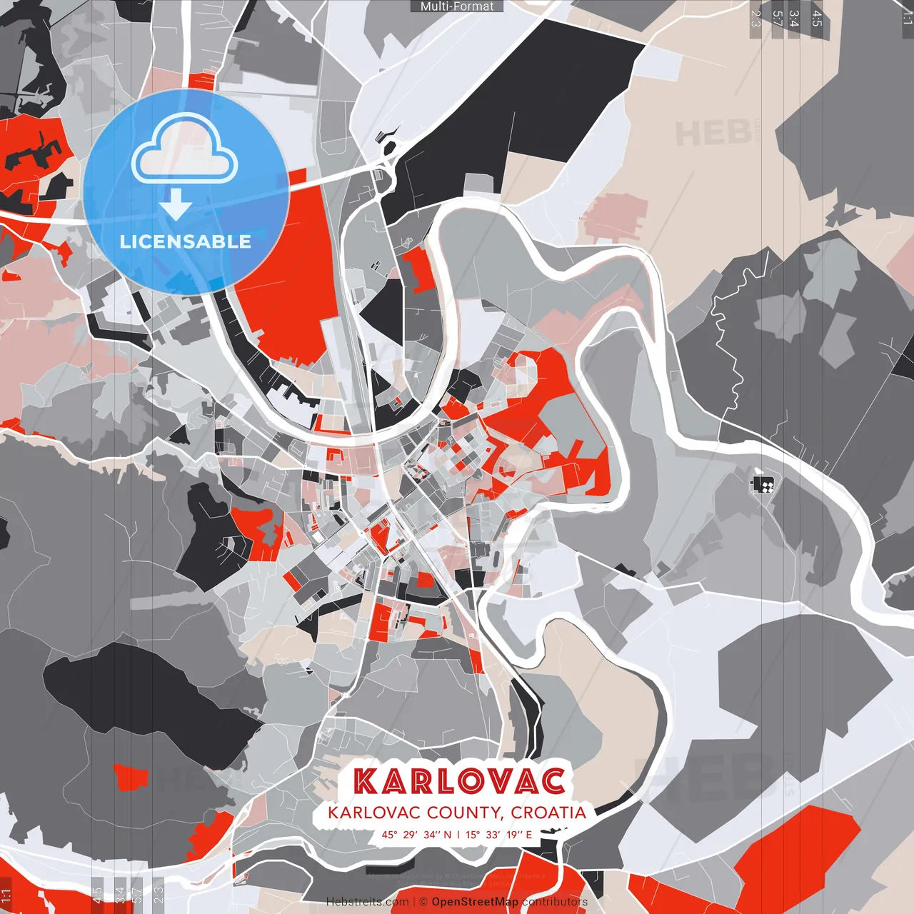 Karlovac, Karlovac County, Croatia - modern street map poster template with gray and red tones