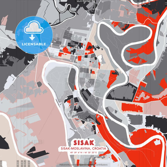 Sisak, Sisak-Moslavina, Croatia - modern street map poster template with gray and red tones